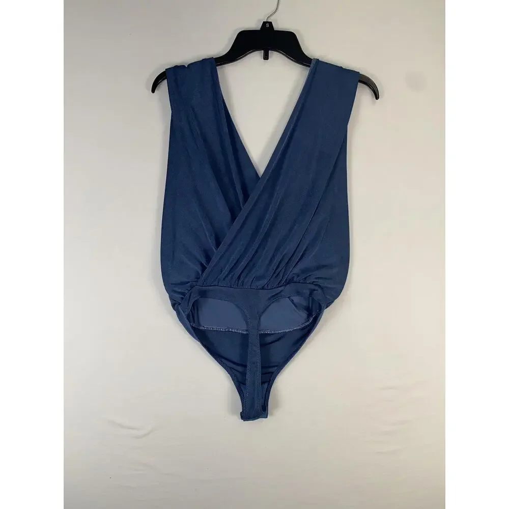 Free People Bodysuit Womens Small Blue Plunge Surplice Wrap Thong Stretch
